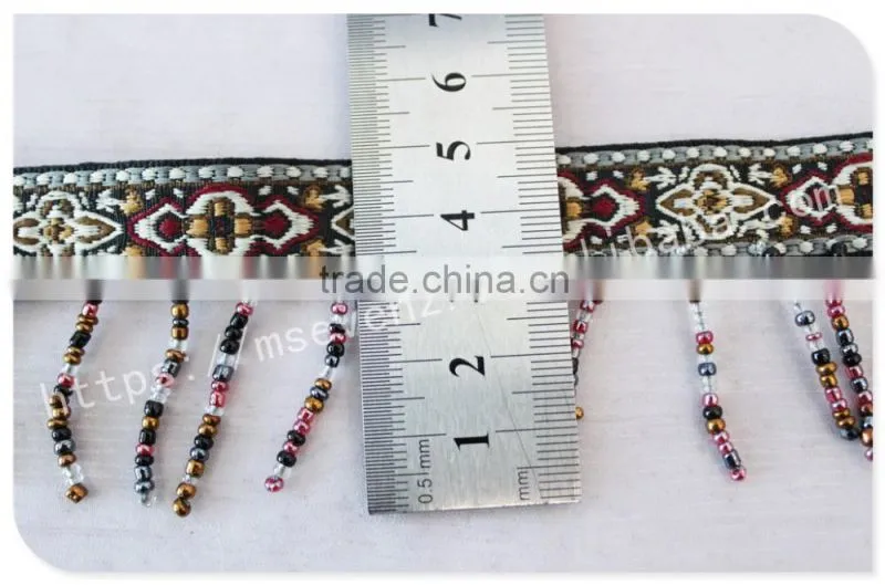 Newest design 5 cm width ethnic embroidery nylon webbing with beaded fringe
