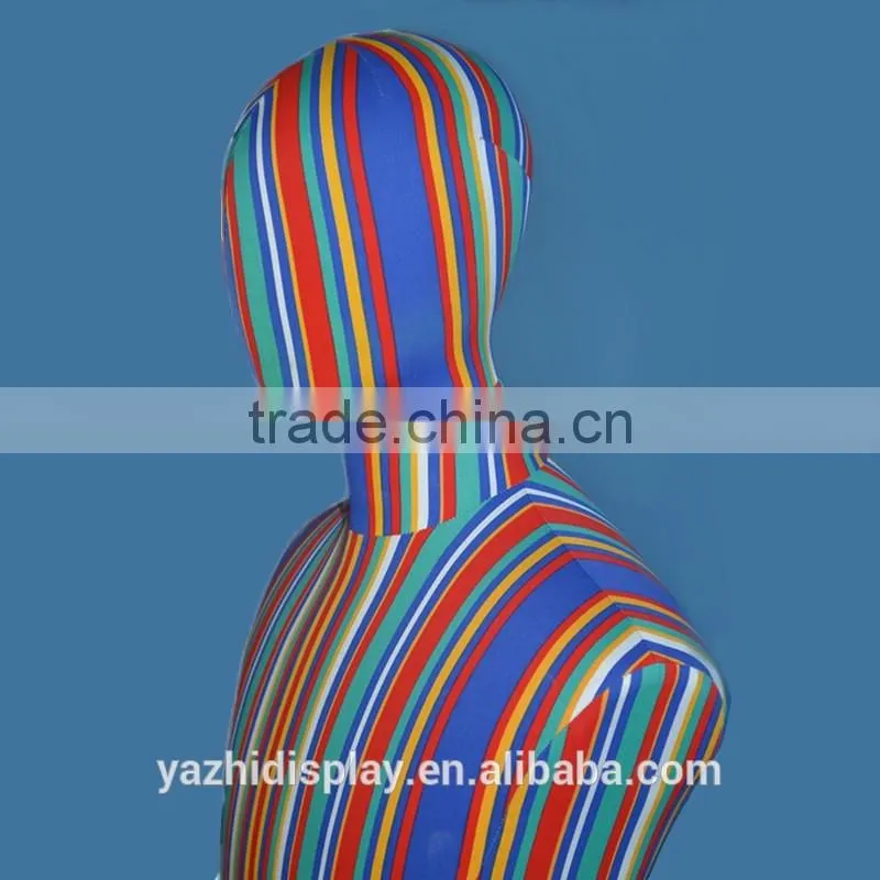 Articulated male Dress Form with Half-Leg -- Striped Linen mannequin