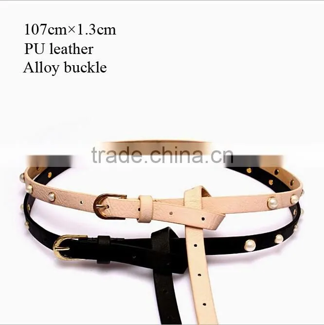 Fashion pearls decorated pin buckle sex girl thin PU waist belt