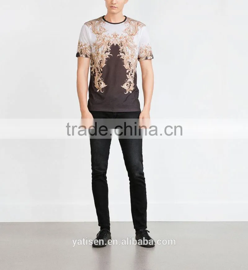 2015 Hot Sale Campaign Crew neck gold pattern printed T Shirt 100% Cotton With Custom Label