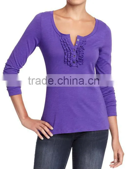 Womens striped long sleeve t shirt with ruffled placket