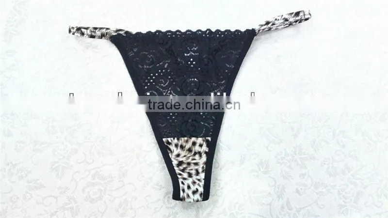 Women sexy black lace and fancy leopard printing transparent g string panty