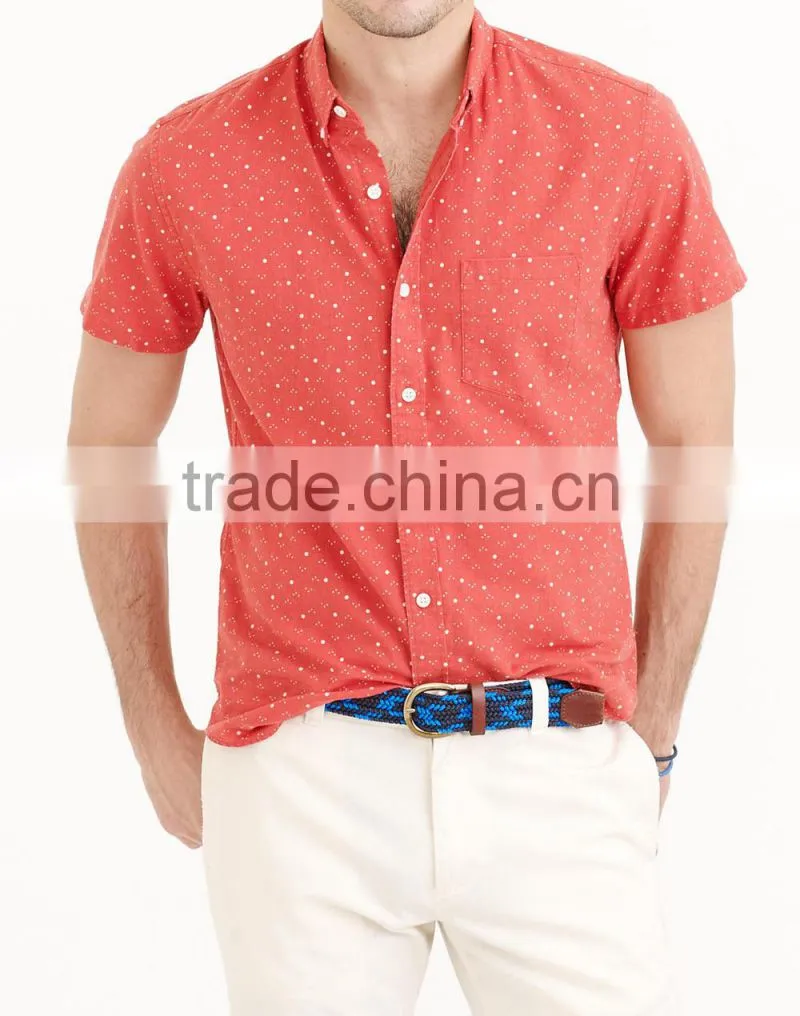 2015 cotton/linen shirt in bubble print button-down collar half sleeve slim fit fashion shirts