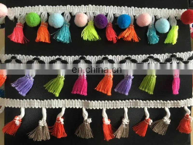 2017 lace border sew-on ball with fringe/tassel embroidery pom pom lace