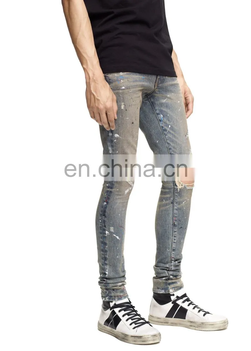 DiZNEW Indigo Dirty Damaged Paint Splash Denim Jeans For Men