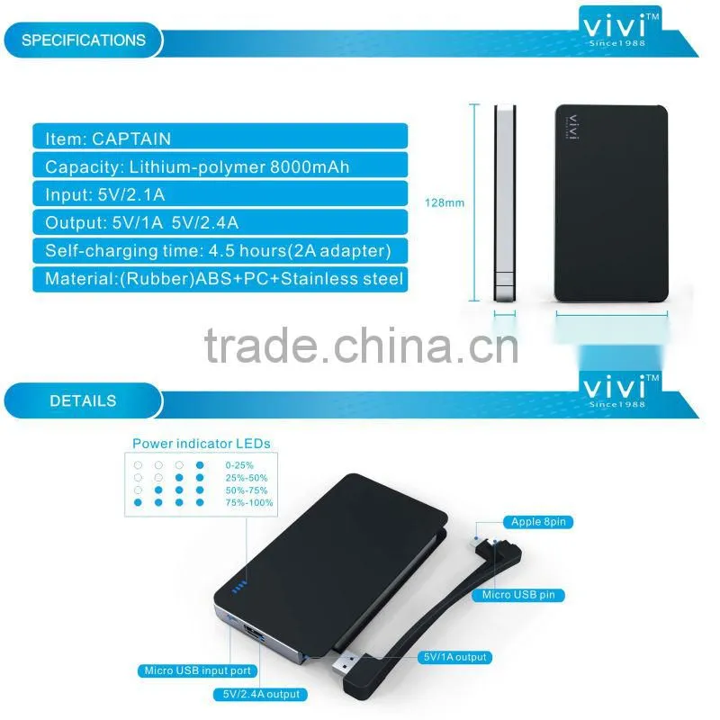 8000mah power bank with Dual USB Micro USB ap 8pin