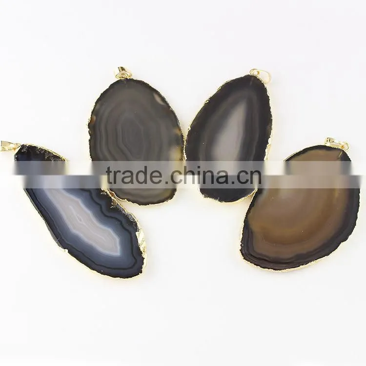 JF6925 Hot sale gold electroplated Gray Grey Agate Slice Pendants