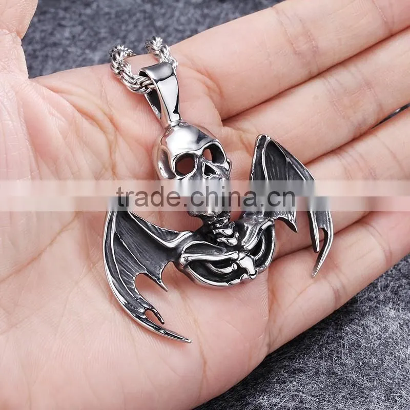 Factory price custom jewelry hip hop men pendant with wings unique design skull stainless steel pendant