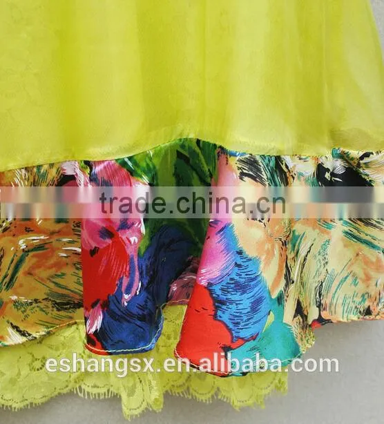 Ladies fashion chiffon printed yellow dress
