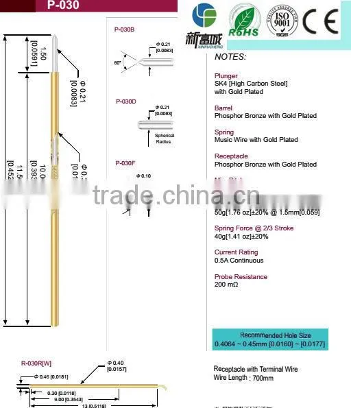 china supplier ultrasonic test probe spring loaded pcb test probe