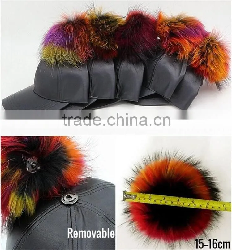 Colorful raccoon fur balls Baseball caps New faux leather casquette PU hat for sport