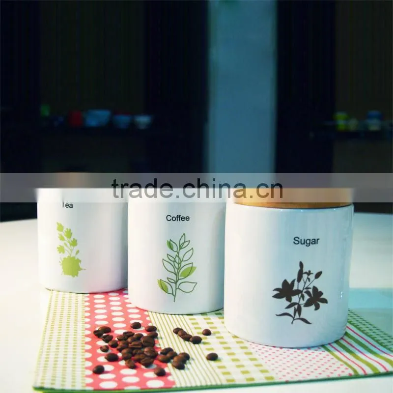 S/3 White Ceramic Canister Set with Bamboo Lid