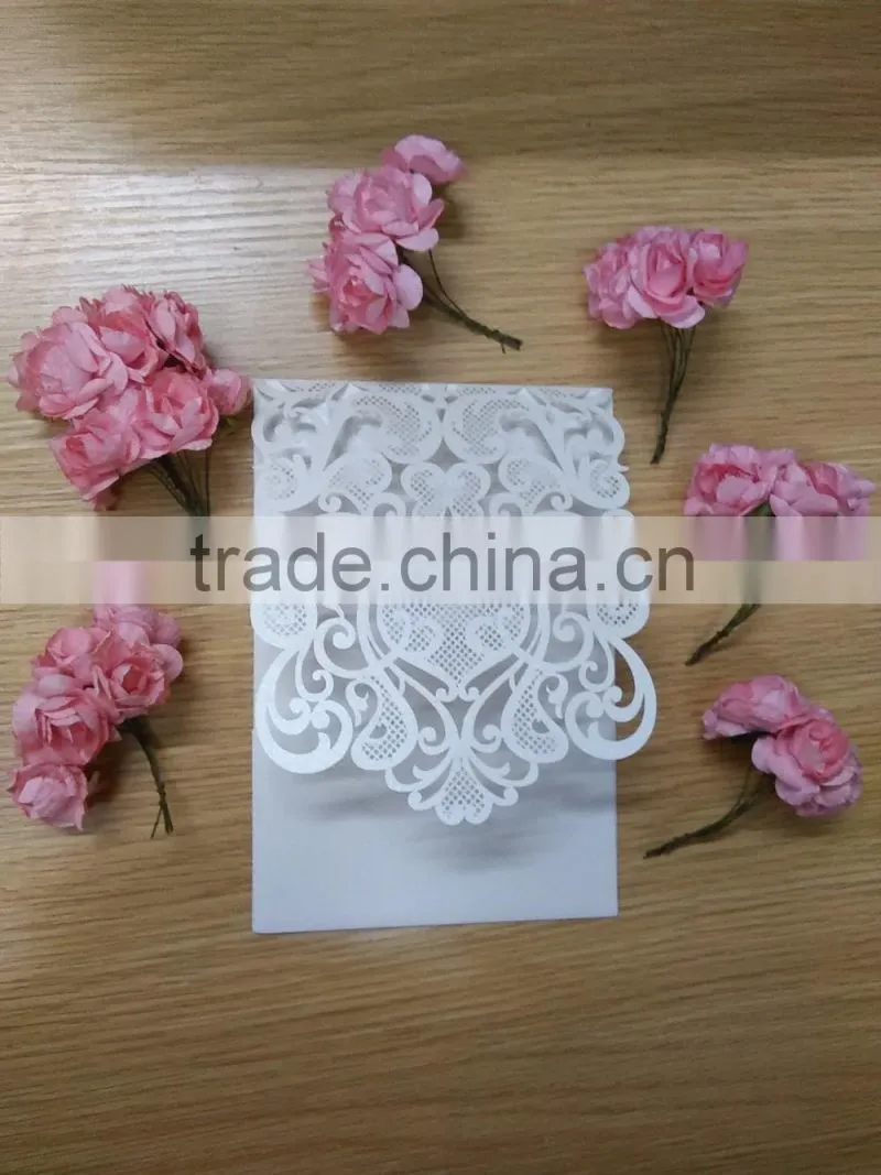 2016 newmengxing pearl white color wedding invitation laser cutting