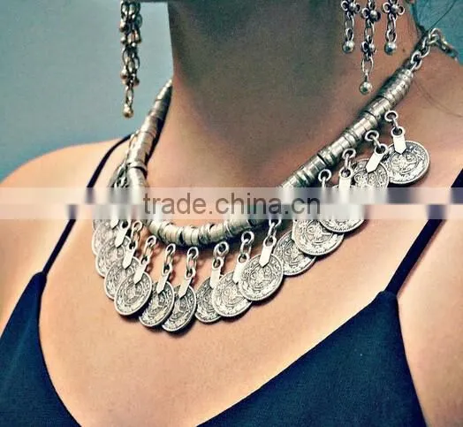 Chunky Punk Tribal Retro Antique Silver Coins Plated Alloy Bib Choker Necklace