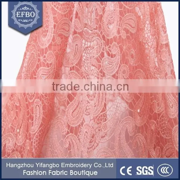 Reasonable Price African Net Lace Fabric For Birthday Party / Peach Color Beaded Lace Fabric