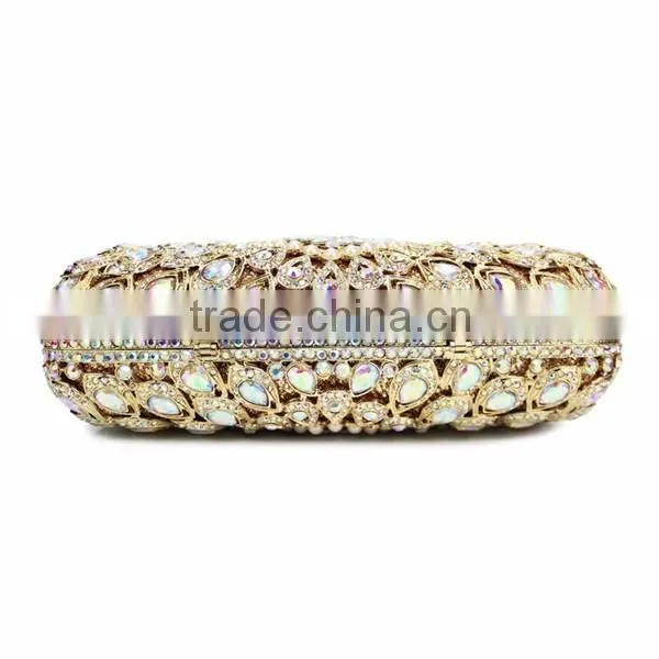 gold metal and AB color crystal evening clutch bag woman handbag ladies party bag (88162A-AB)