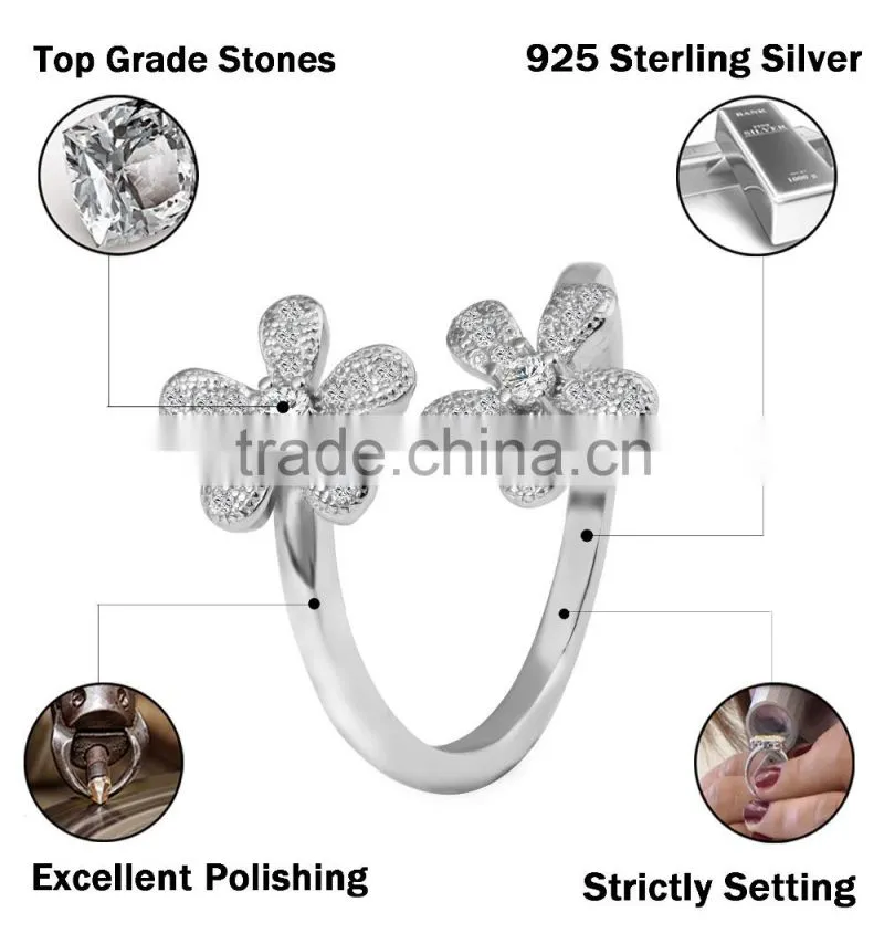 2015 fashion 925 sterling silver ring twins sunflower desing zircon pave setting open ring