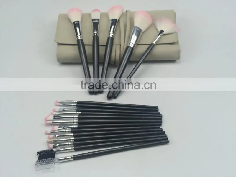18pcs custom logo pink&white nylon hair shiny black wooden handle in khaki pu bag cosmetic brush set