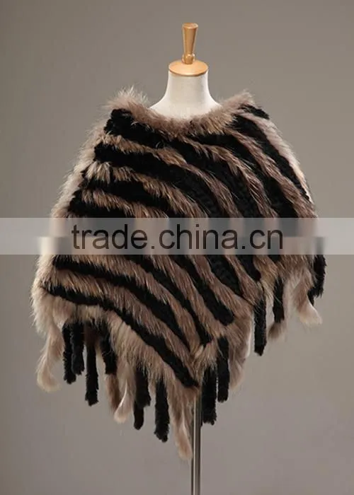 Fashion black and grey stripe knitted rabbit and raccoon cappa