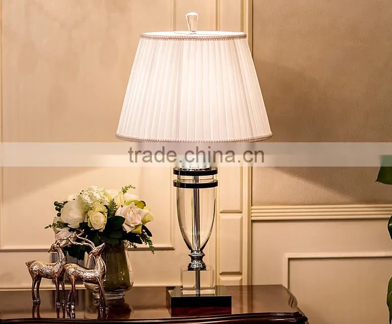 Modern concise design clear K9 crystal table lamp with white color fabric lampshade