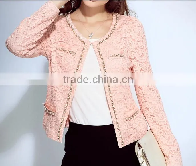 2015 ladies quality beaded coat long sleeve oem wholesale factory pink jackets coat