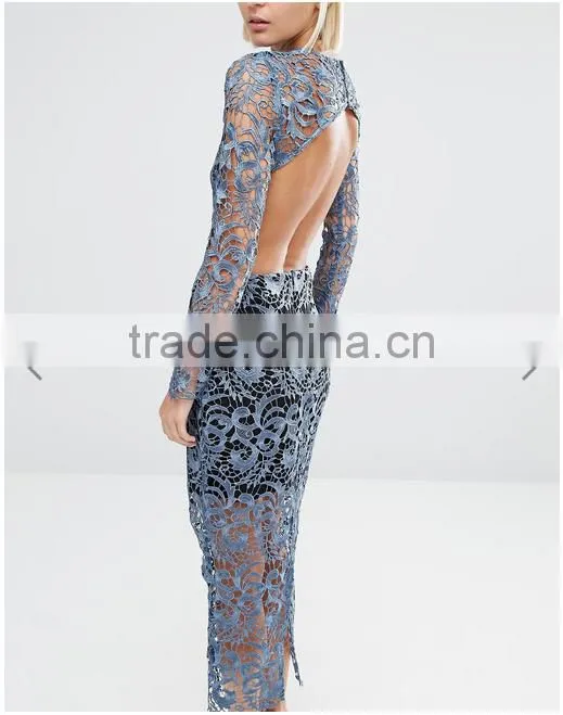 good quality fashion Petrol blue Bandeau underlay Kick split Lace Open Back Dress