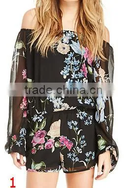 Women Sexy Illusion Ruffle Romper Long Sleeve Short Floral Off The Shoulder playsuit