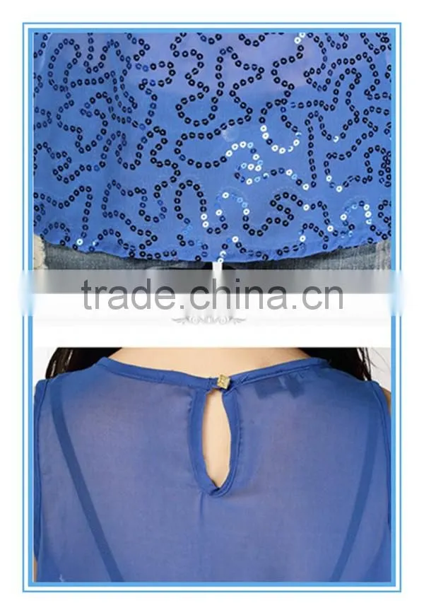 Wholesale Sleeveless Blue Anti-shrink Ladies Fashion Vest Sequin Top