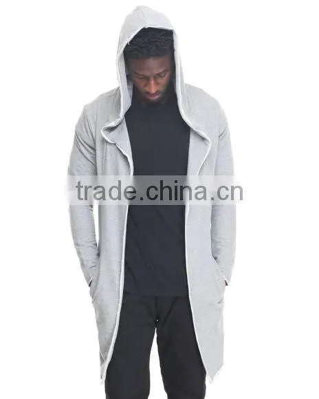 Open front Long sleeve men's elongated hoody coat attached hood made in China factory