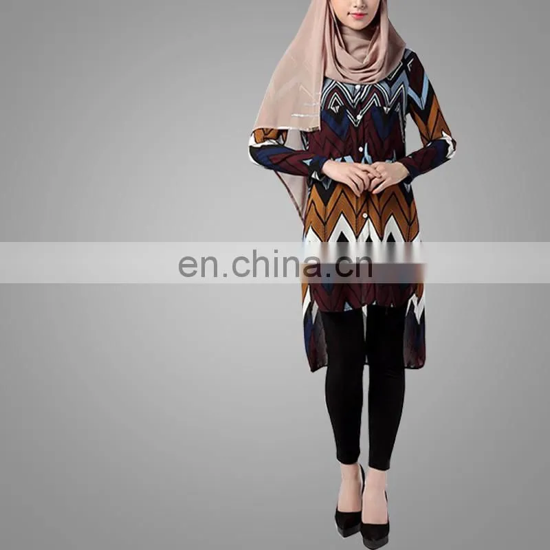 Chiffon Geometric Patterns Women Plus Size Long Tops Khaki Wear Islamic Clothing Arab Girls Full Sleeve Blouses Long Loose Shirt