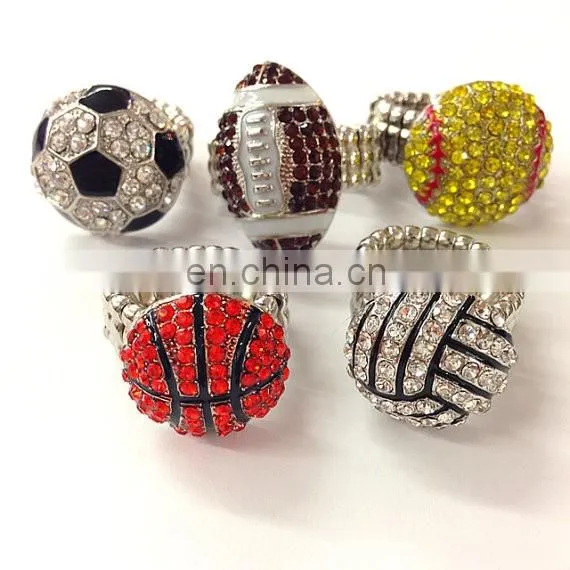 Wholesale fashion jewelry silver plating soccer rings,adjustable white rhinestone black enamel soccer rings
