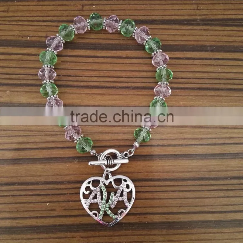 AKA crystal pink green heart girls gift Alpha Sorority Charm Bracelet alpha kap alpha rhinestone bracelet Jewelry