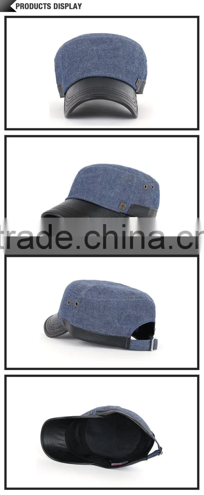 promotional customized cheap camp style 5 panel blue jeans cap with leather patch