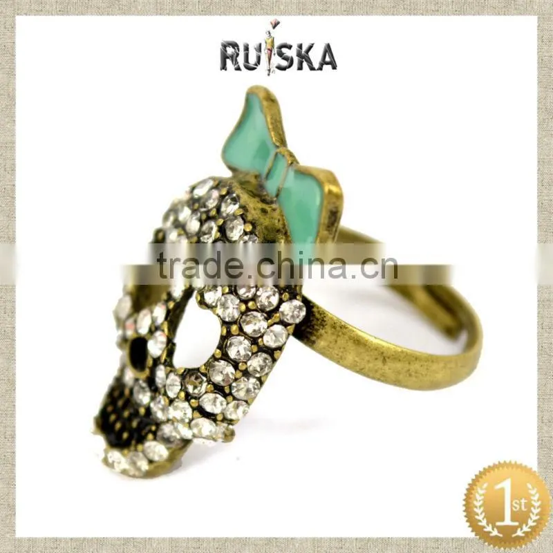 ALLOY RING WITH RHINESTONE,SKULL HEAD RING WITH BOWKNOT