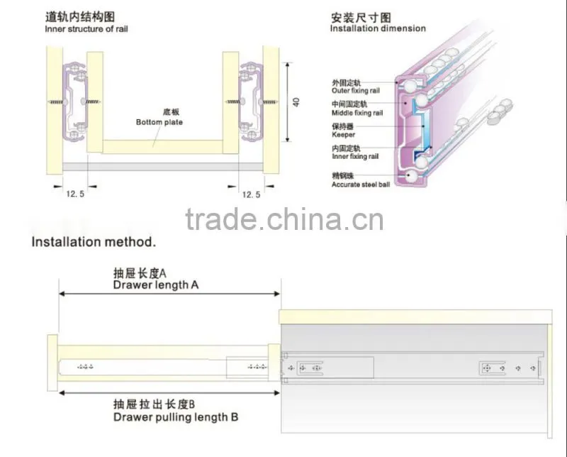 Jieyang Hardware Factory zinc plated 3balls drawer slide