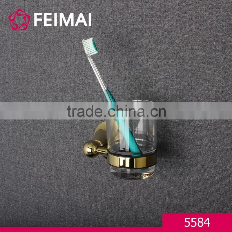 Brass Gold Finished Wall Mounted Single Toothbrush Glass Cup Holder