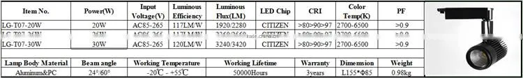 2700-6500K track light system cob led track lighting