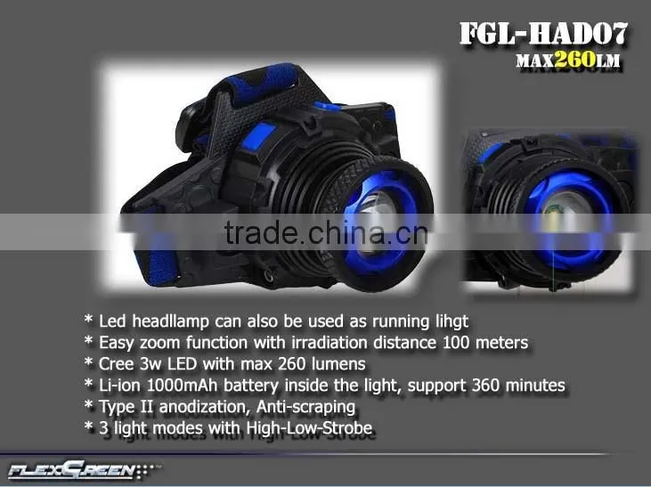 zoom function rechargeable 3w xpe led running headlamp