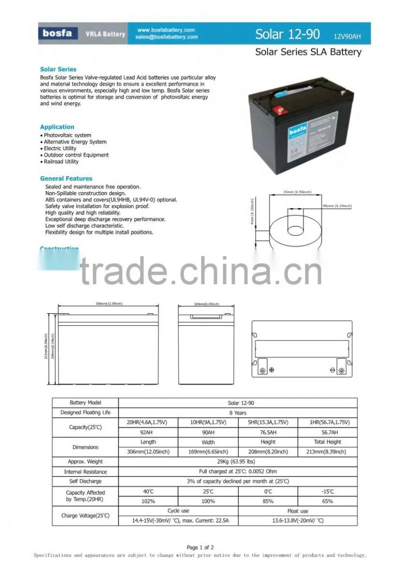solar light battery 12v 90ah lead acid battery standby power