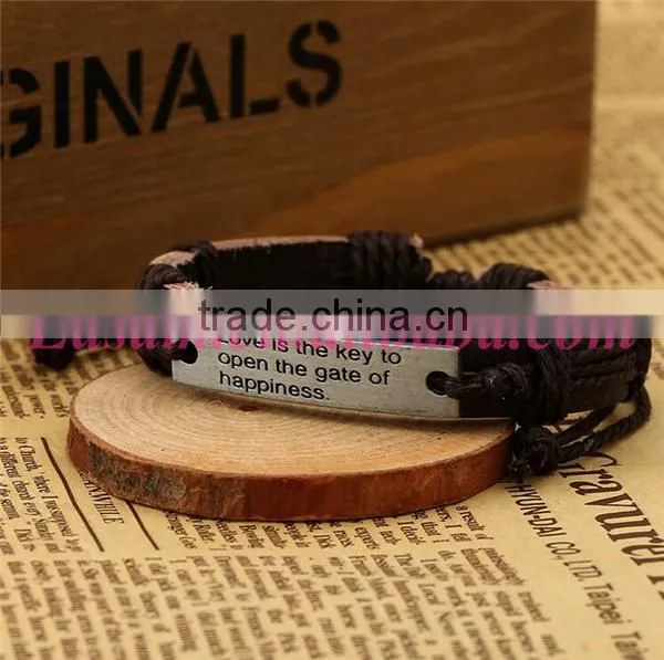 Vintage letters engraved with metal plate pu leather bracelet