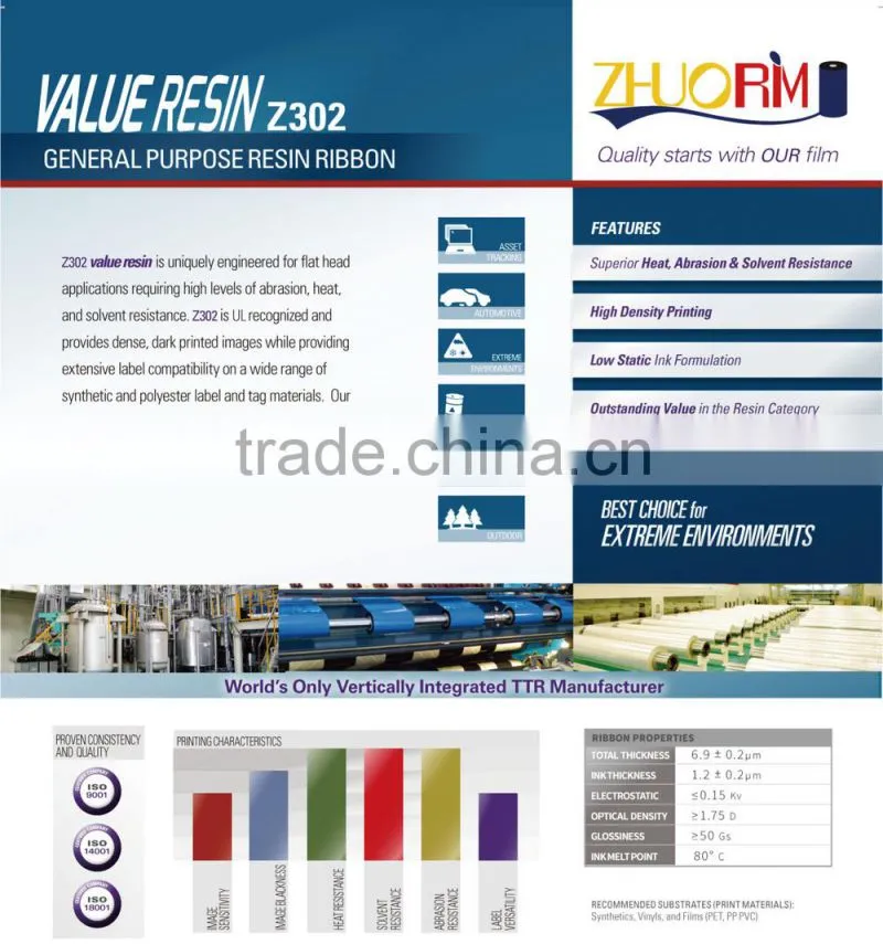 Z302 resin ribbon for flat head barcode printers