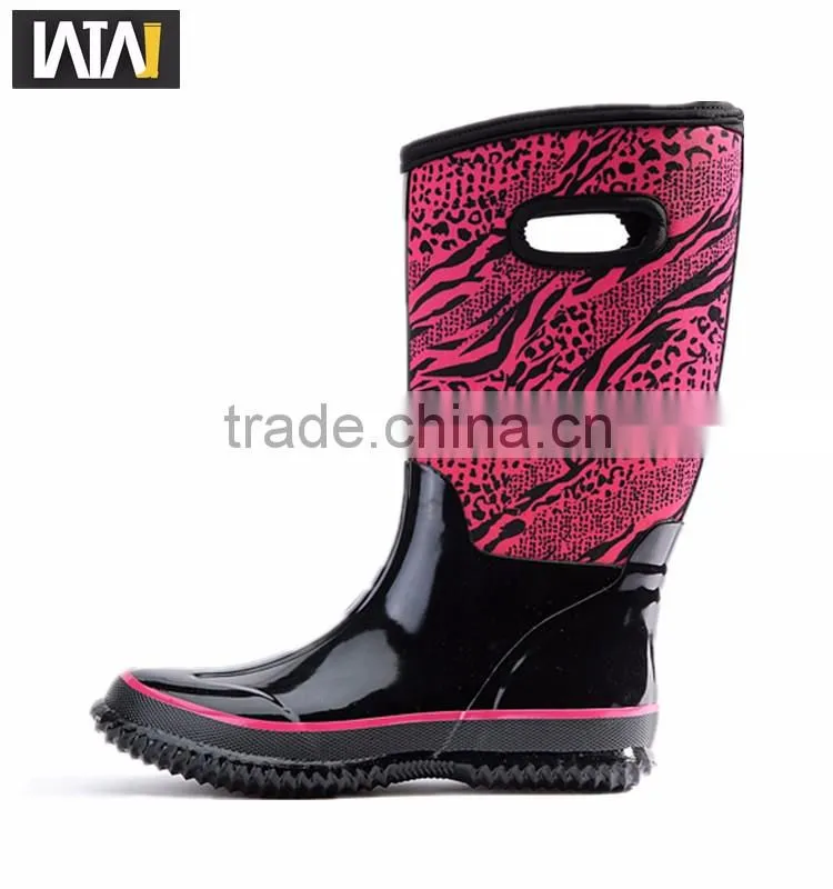 Warm leopard print neoprene cheap rain boots with hole