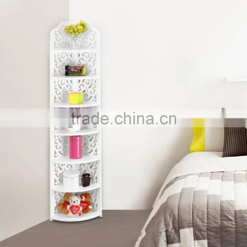 7-Tier Modular Cut-Out Quarter-Circle WPC Corner Shelf Unit White Storage Organizer Display Rack
