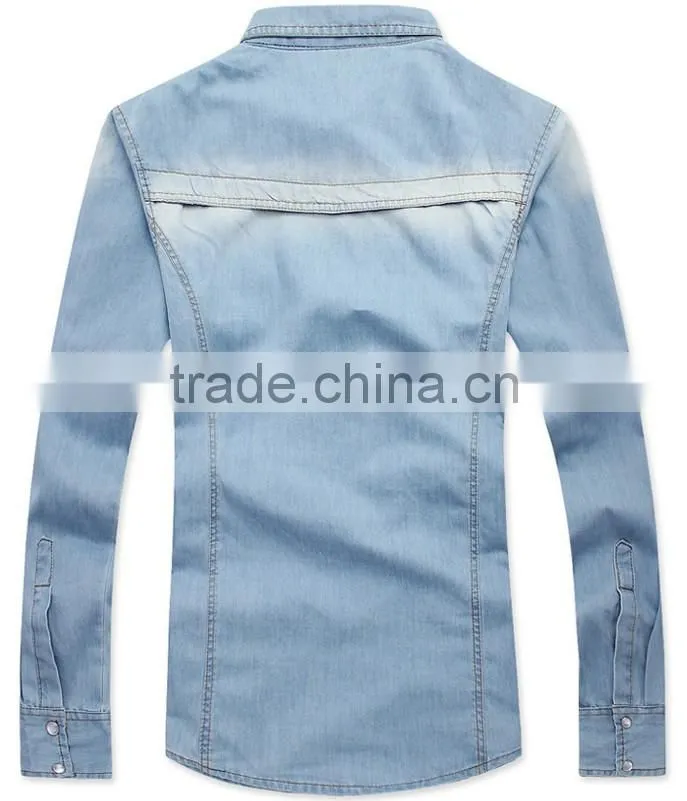 Mens jeans shirt blue new fashion shirt long sleeve slim shirt with snap button