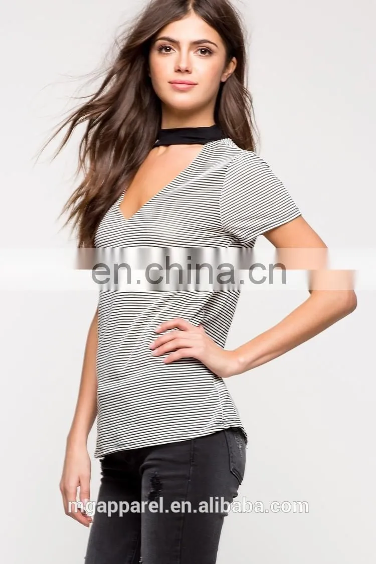 Custom wholesale V-neck and back cotton striped t shirt for women