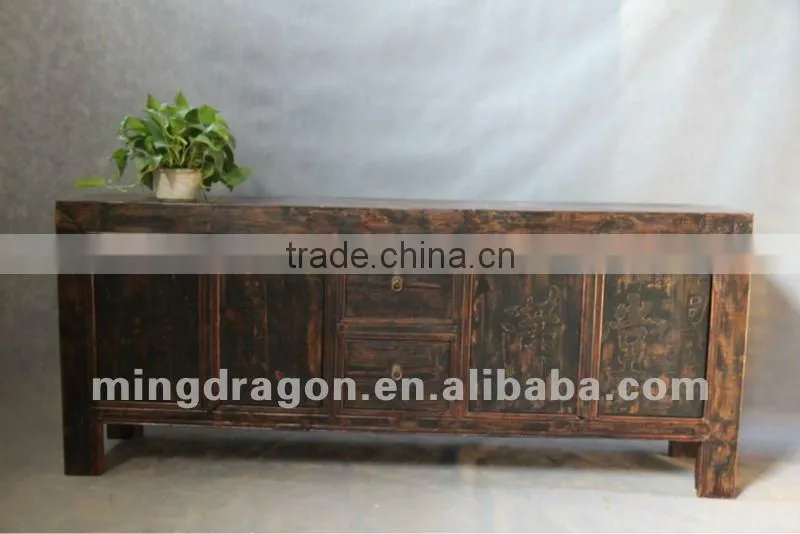 Chinese antique furniture pine wood dark wood color Shanxi four door two drawer TV cabinet