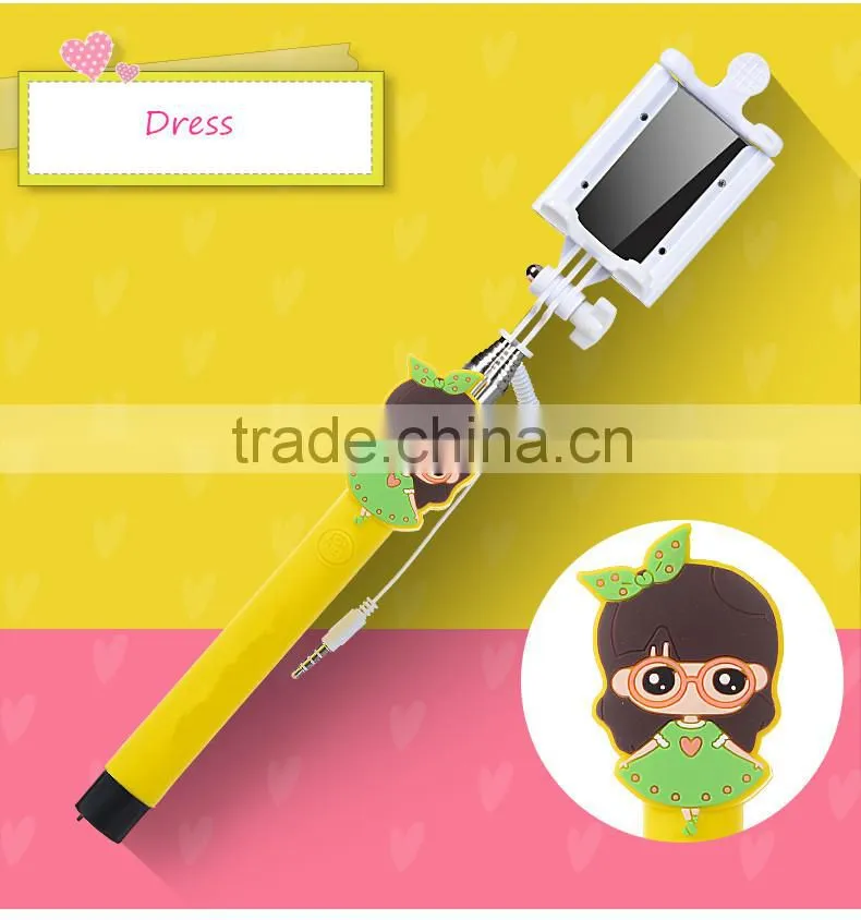2015 Wholesale Lovely Cartoon Girl Design Portable Selfie Stick Wired Control
