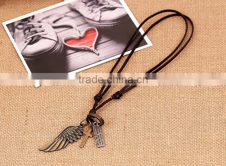 cross wing make adjustable cord leather lariat necklace