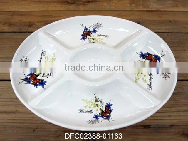 Restaurant Round Five Section Plate with Flower and Butterfly Decal