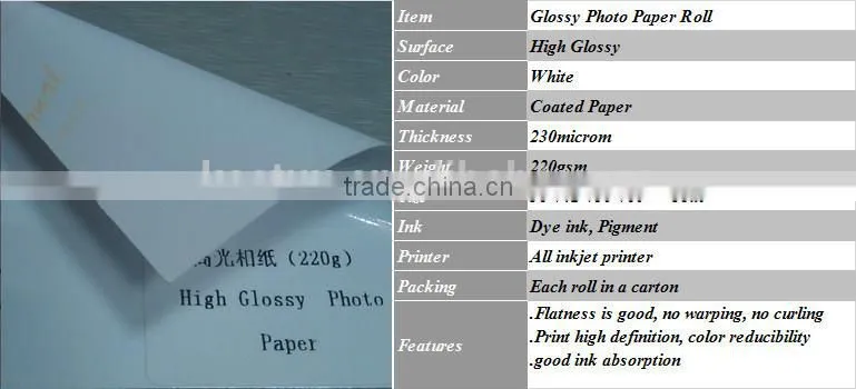 220g high glossy inkjet photo paper roll guangzhou supplier